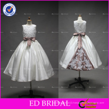 ED Bridal Real Pictures Beaded Bow Belt Lace Appliqued Tea Length Ivory Satin Flower Girl Dress